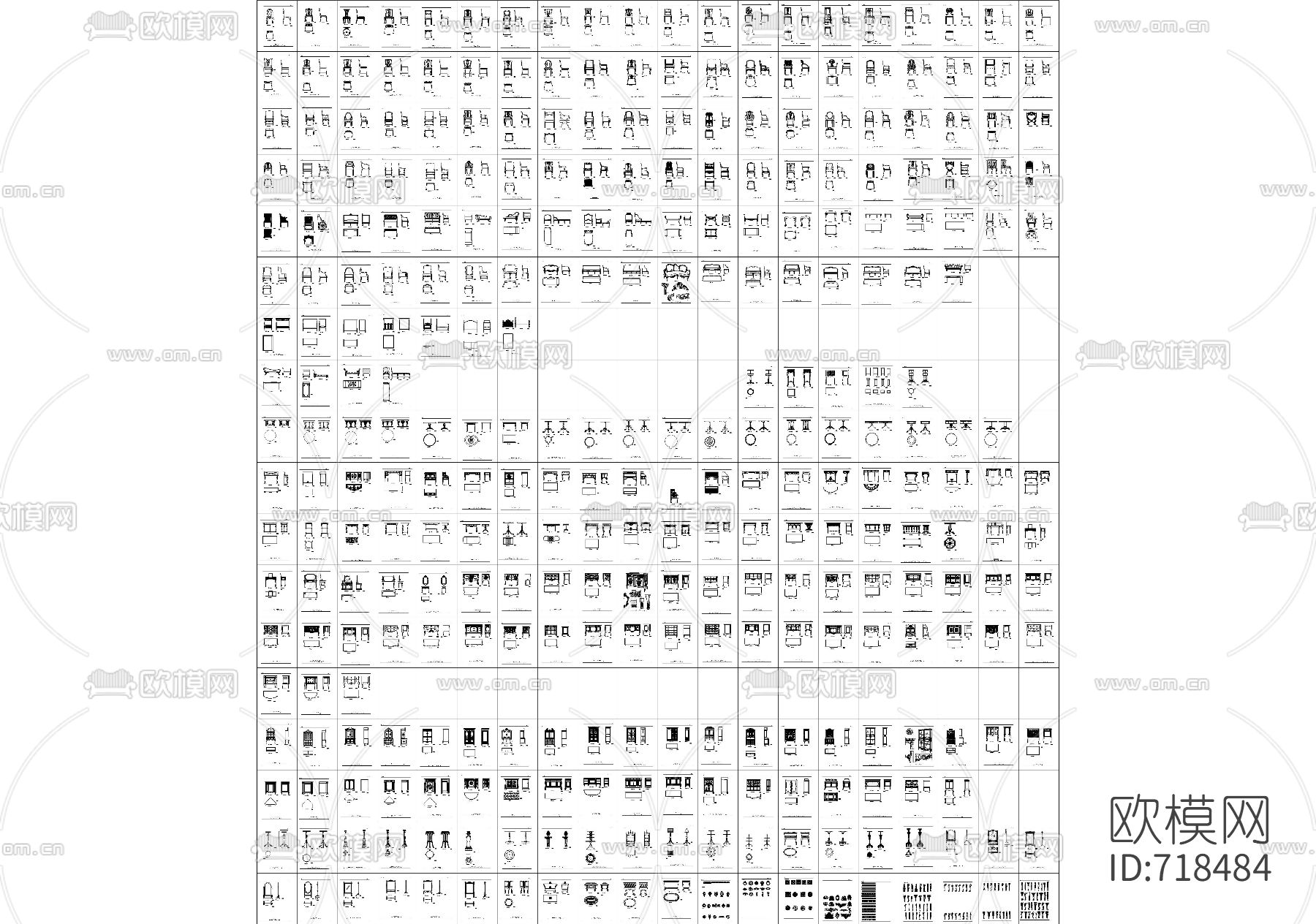 欧式家具三视图CAD图库下载