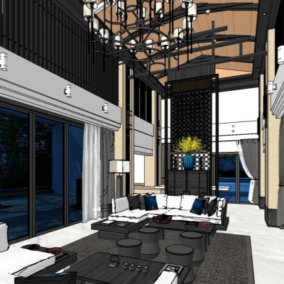  新中式别墅大堂su模型 