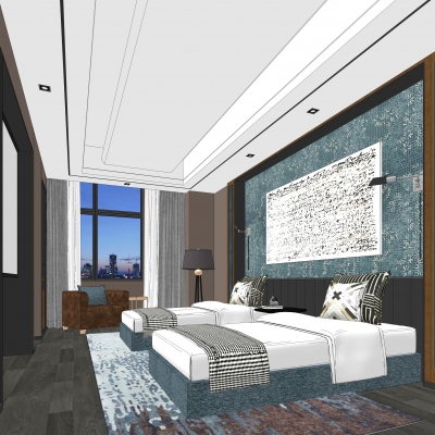  现代酒店客房双人房su模型 