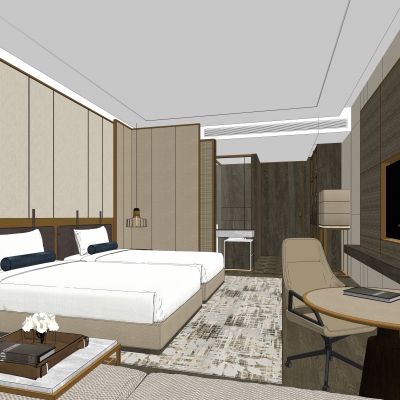  现代酒店客房双人房su模型 