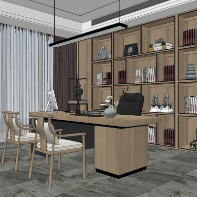  新中式总经理办公室su模型 