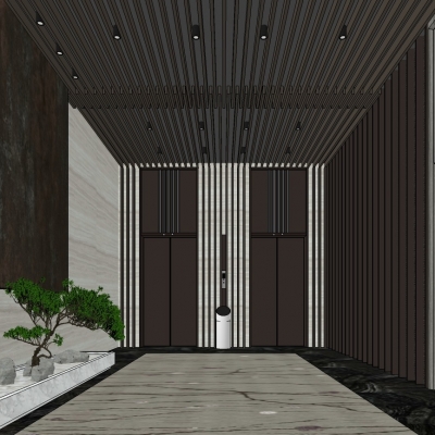  新中式电梯走廊su模型 