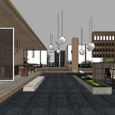  新中式茶楼茶室su模型 