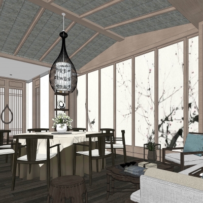  新中式酒店包厢su模型 