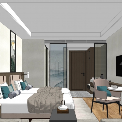  新中式酒店客房双人房su模型 