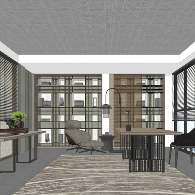 新中式别墅书房su模型