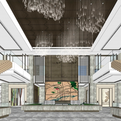  新中式售楼处沙盘区su模型 