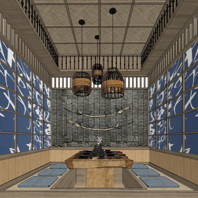  日式餐厅包厢su模型 