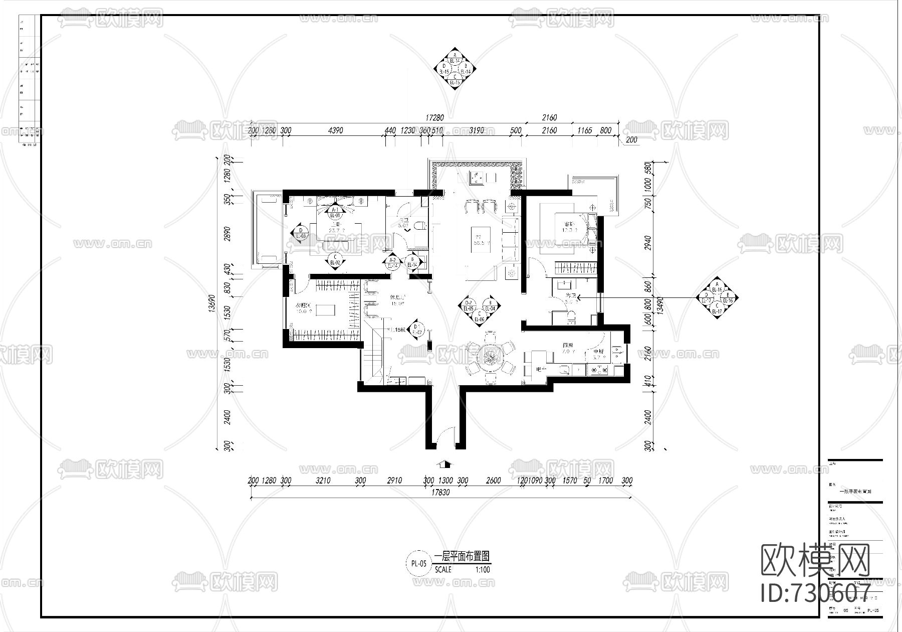 新中式家装平面CAD施工图下载（渲染图1）