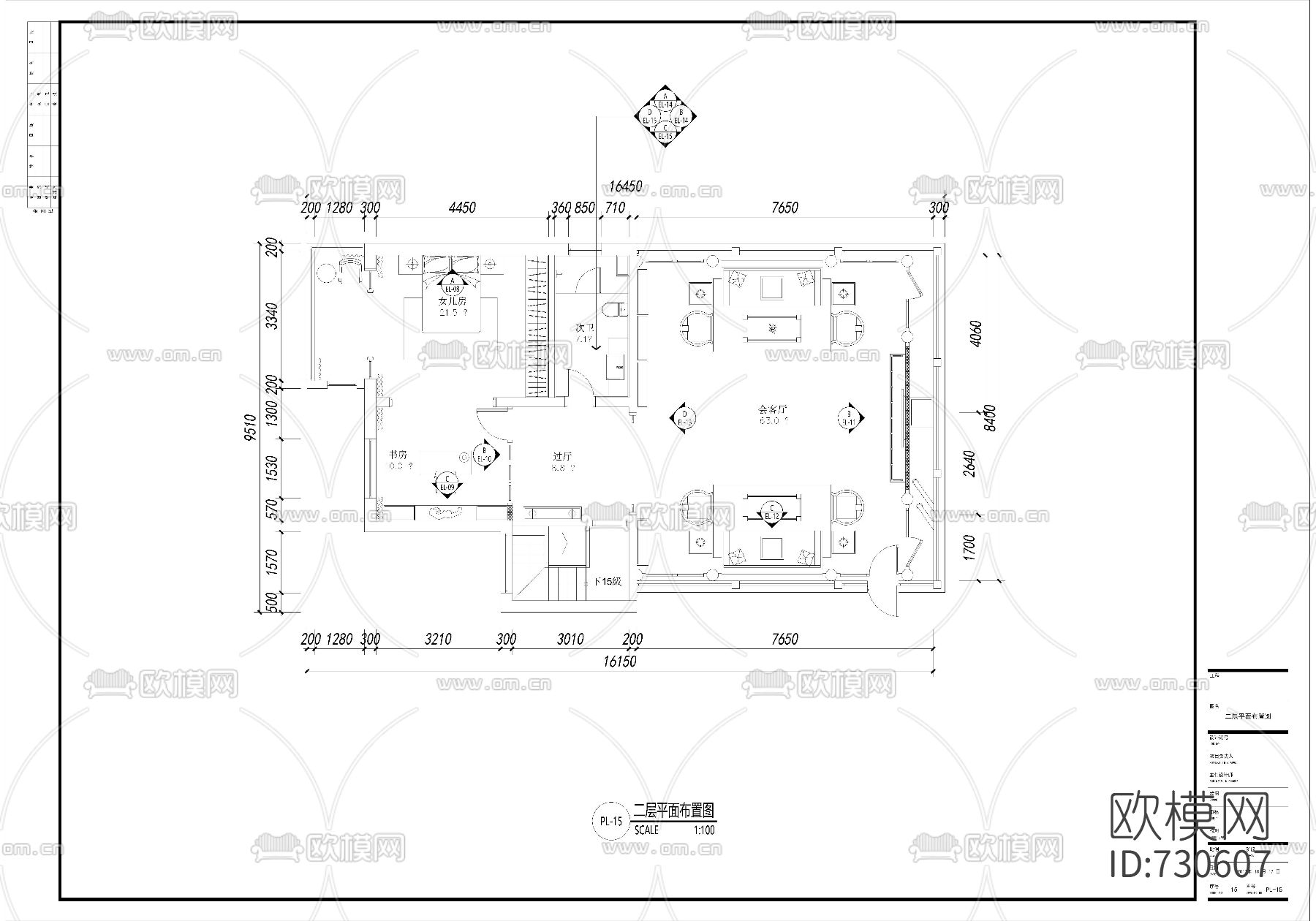 新中式家装平面CAD施工图下载（渲染图4）