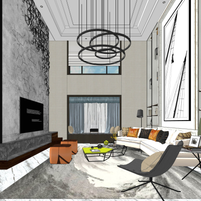  现代轻奢别墅大堂su模型 