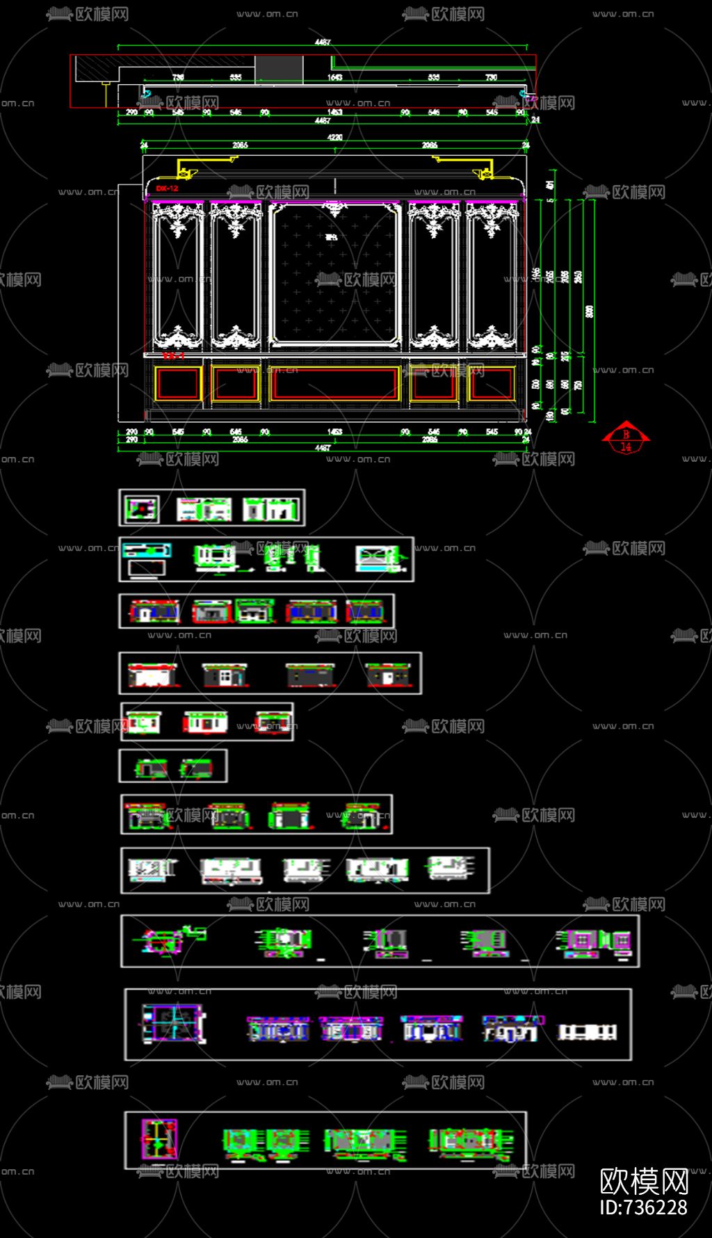 古典墙板CAD尺寸图下载（渲染图4）