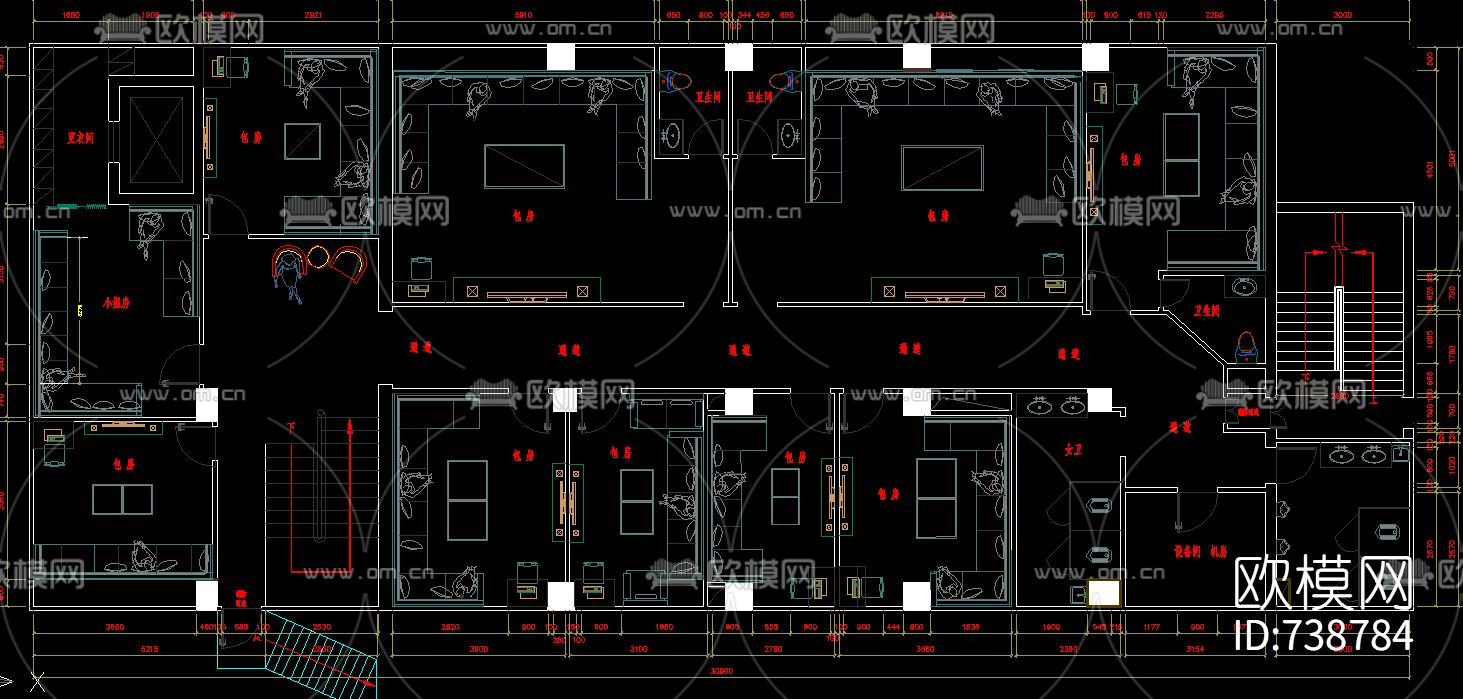 KTV大厅包房走道平立面CAD施工图下载（渲染图2）