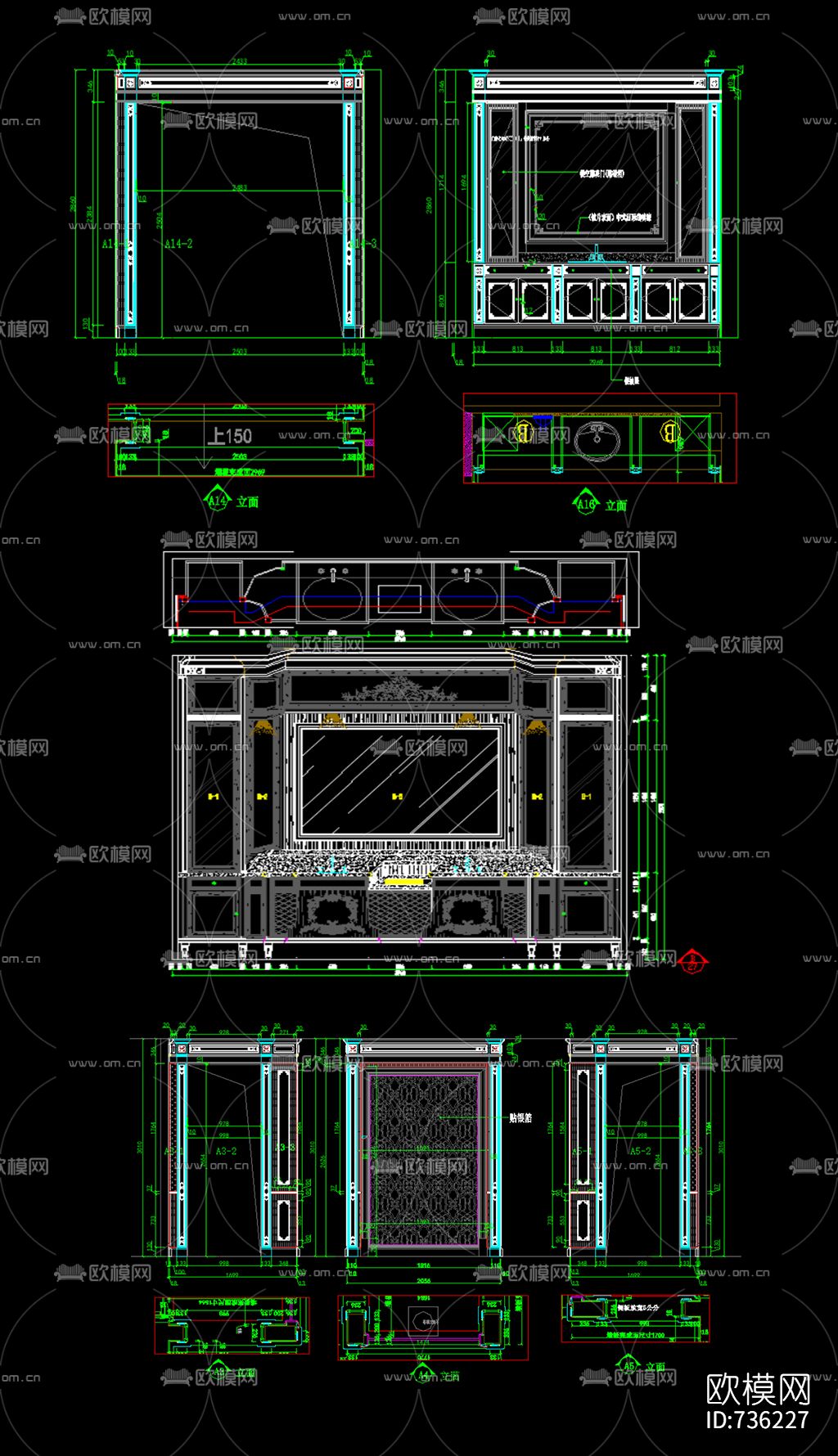 古典墙板CAD尺寸图下载（渲染图4）