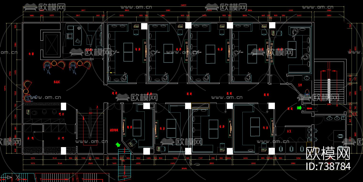 KTV大厅包房走道平立面CAD施工图下载（渲染图1）
