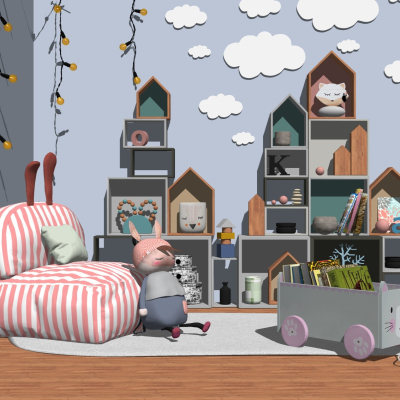  北欧实木儿童柜玩具su模型 