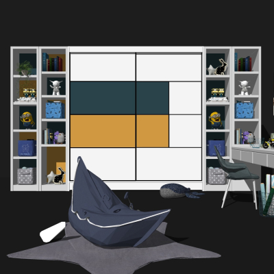  现代儿童书桌椅书柜组合su模型 