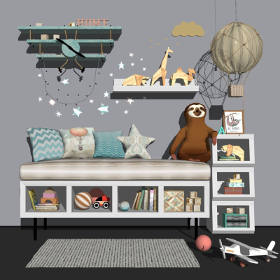  北欧儿童玩具实木装饰柜su模型 