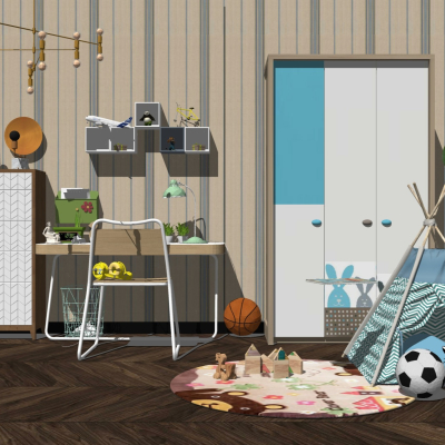  北欧儿童书桌椅衣柜组合su模型 