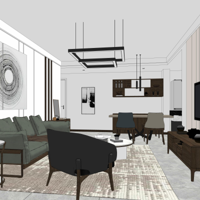 现代简约客厅餐厅su模型