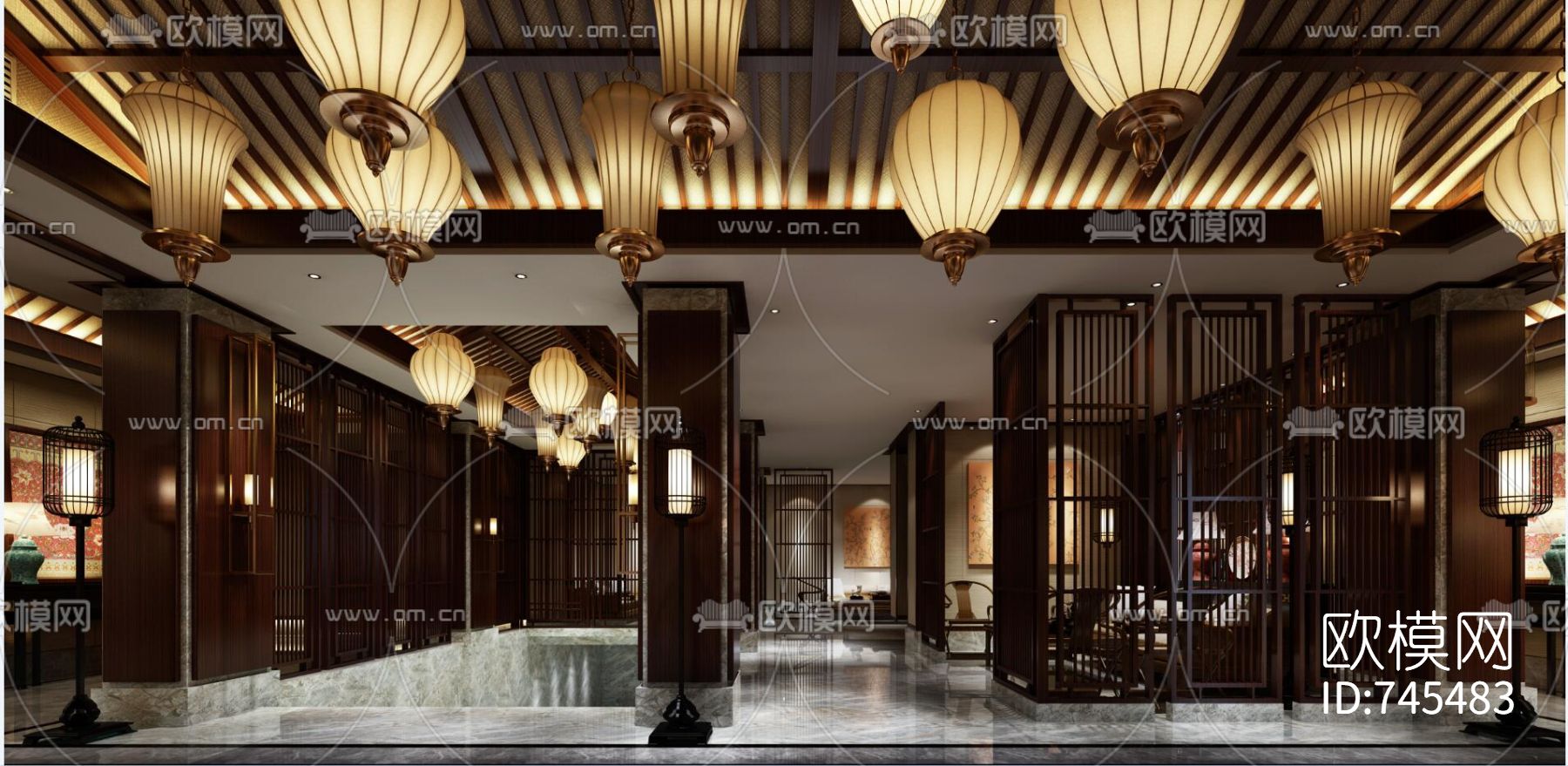 新中式洗浴中心CAD施工图+效果图下载（渲染图7）