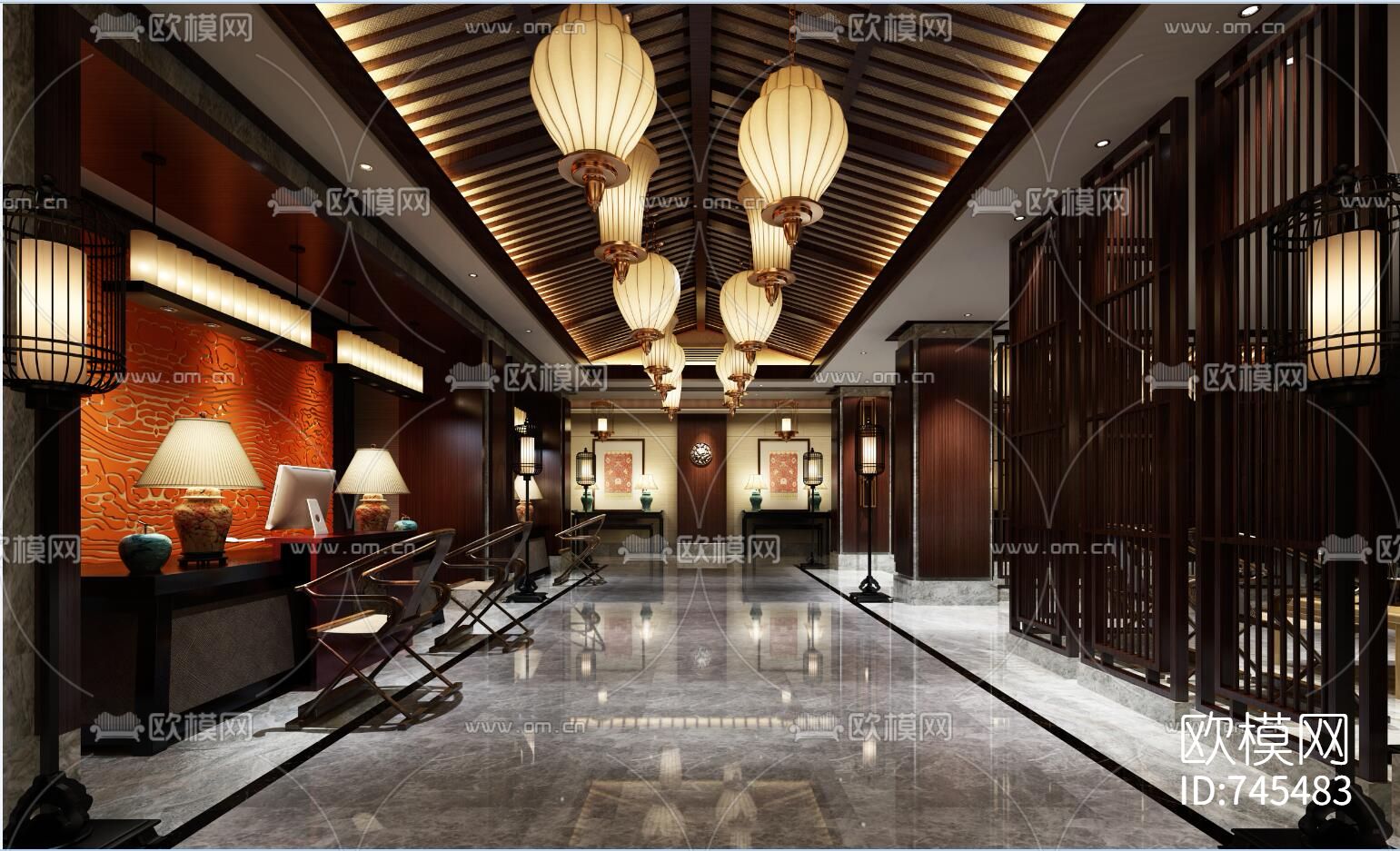 新中式洗浴中心CAD施工图+效果图下载（渲染图6）