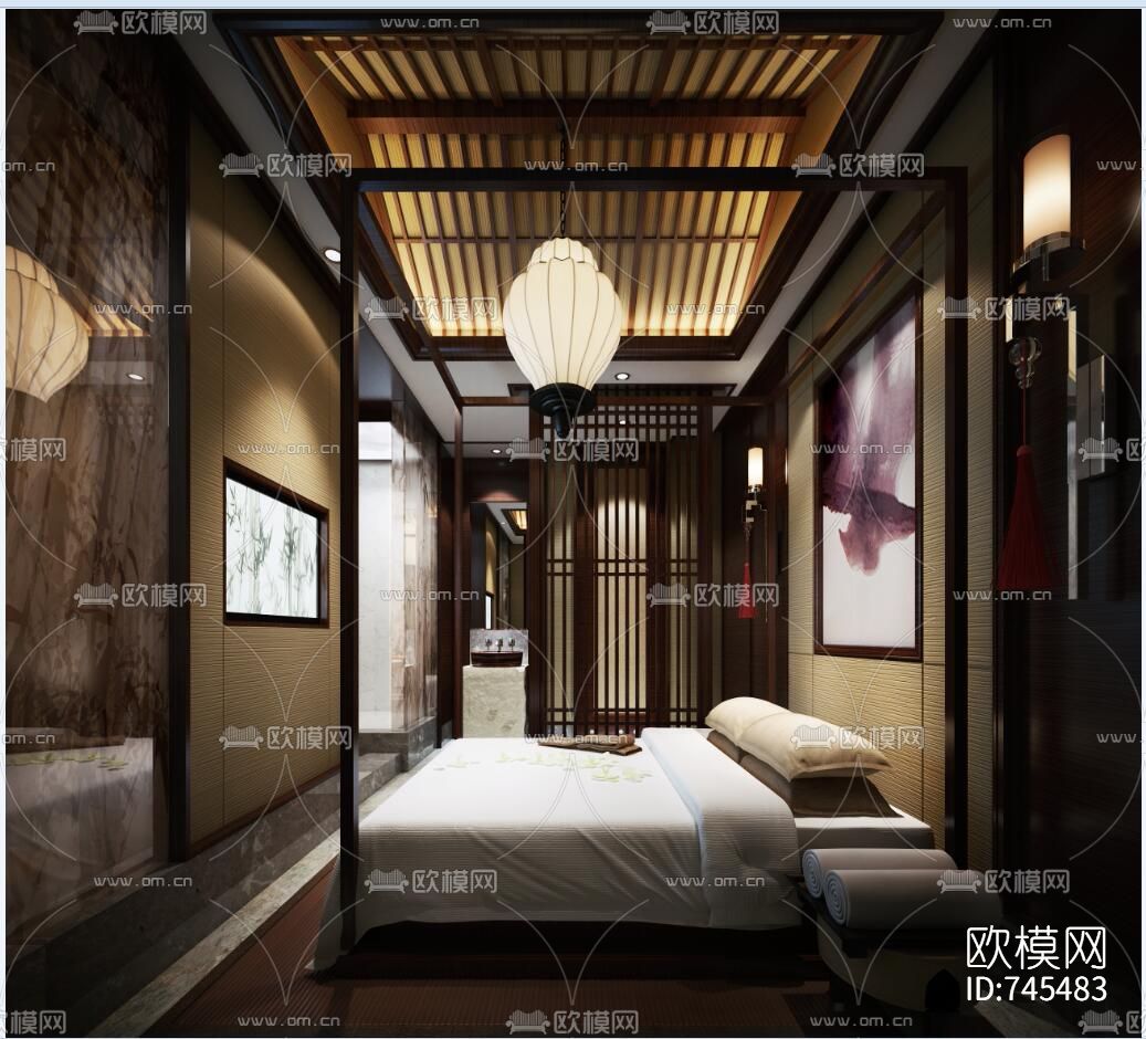 新中式洗浴中心CAD施工图+效果图下载（渲染图4）