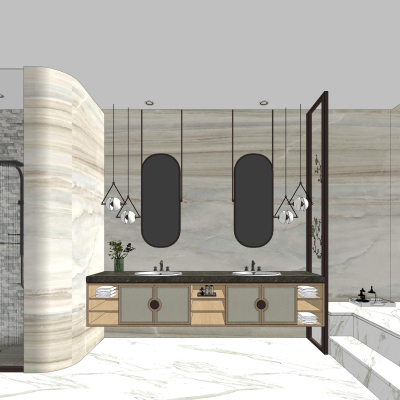 新中式轻奢浴室卫生间su模型