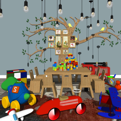  现代儿童桌椅玩具组合su模型 