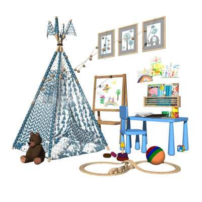  现代儿童帐篷玩具桌椅组合su模型 