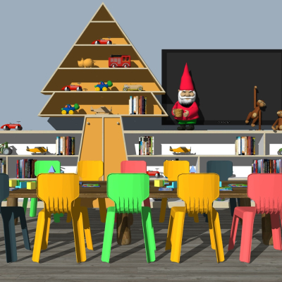  现代儿童桌椅柜子组合su模型 