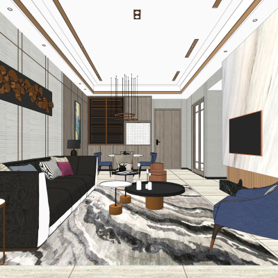 现代轻奢客厅餐厅su模型