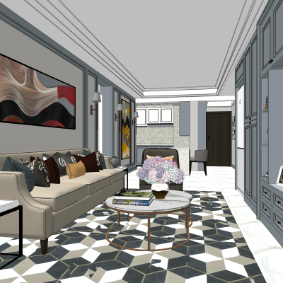 简欧客厅餐厅su模型