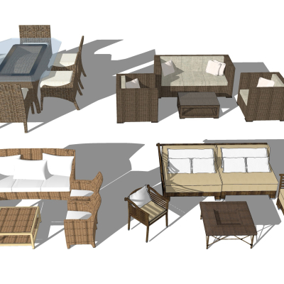  现代户外藤艺休闲桌椅su模型 