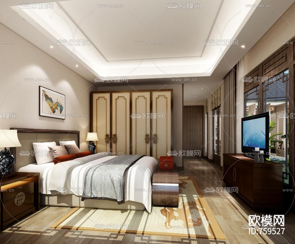 【新古典+新中式】绿城桃李春风四套样板间效果图+CAD施工图下载（渲染图2）