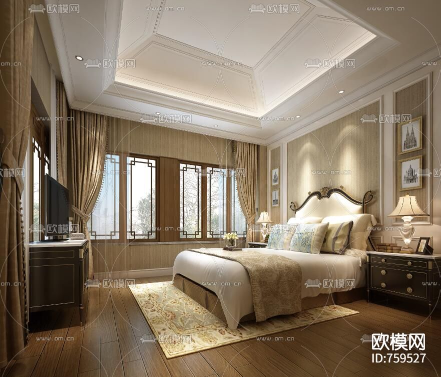 【新古典+新中式】绿城桃李春风四套样板间效果图+CAD施工图下载（渲染图3）