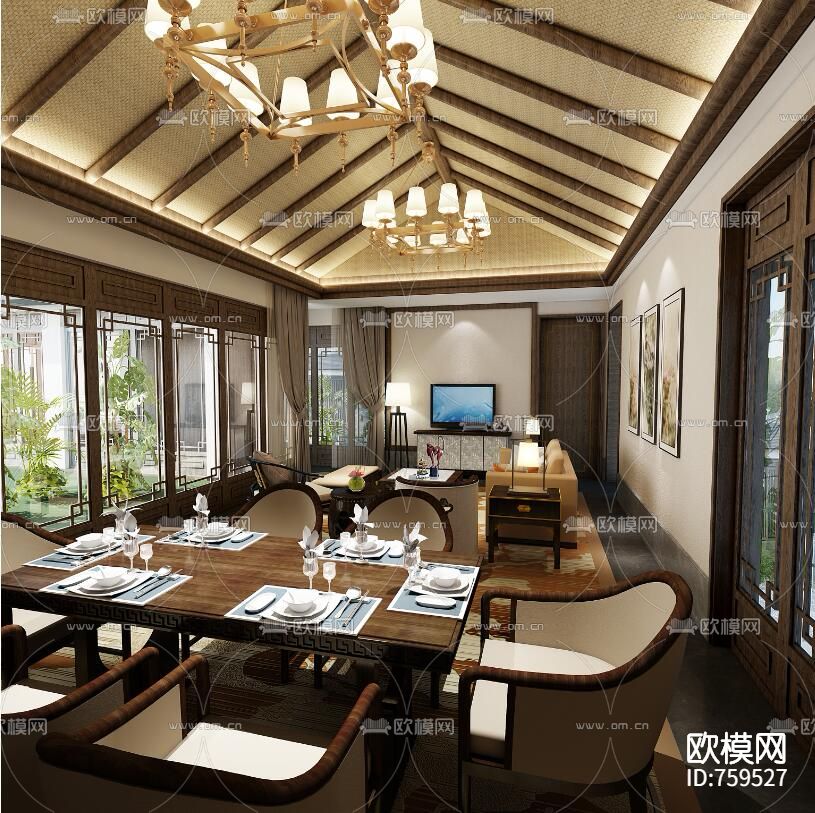 【新古典+新中式】绿城桃李春风四套样板间效果图+CAD施工图下载（渲染图1）