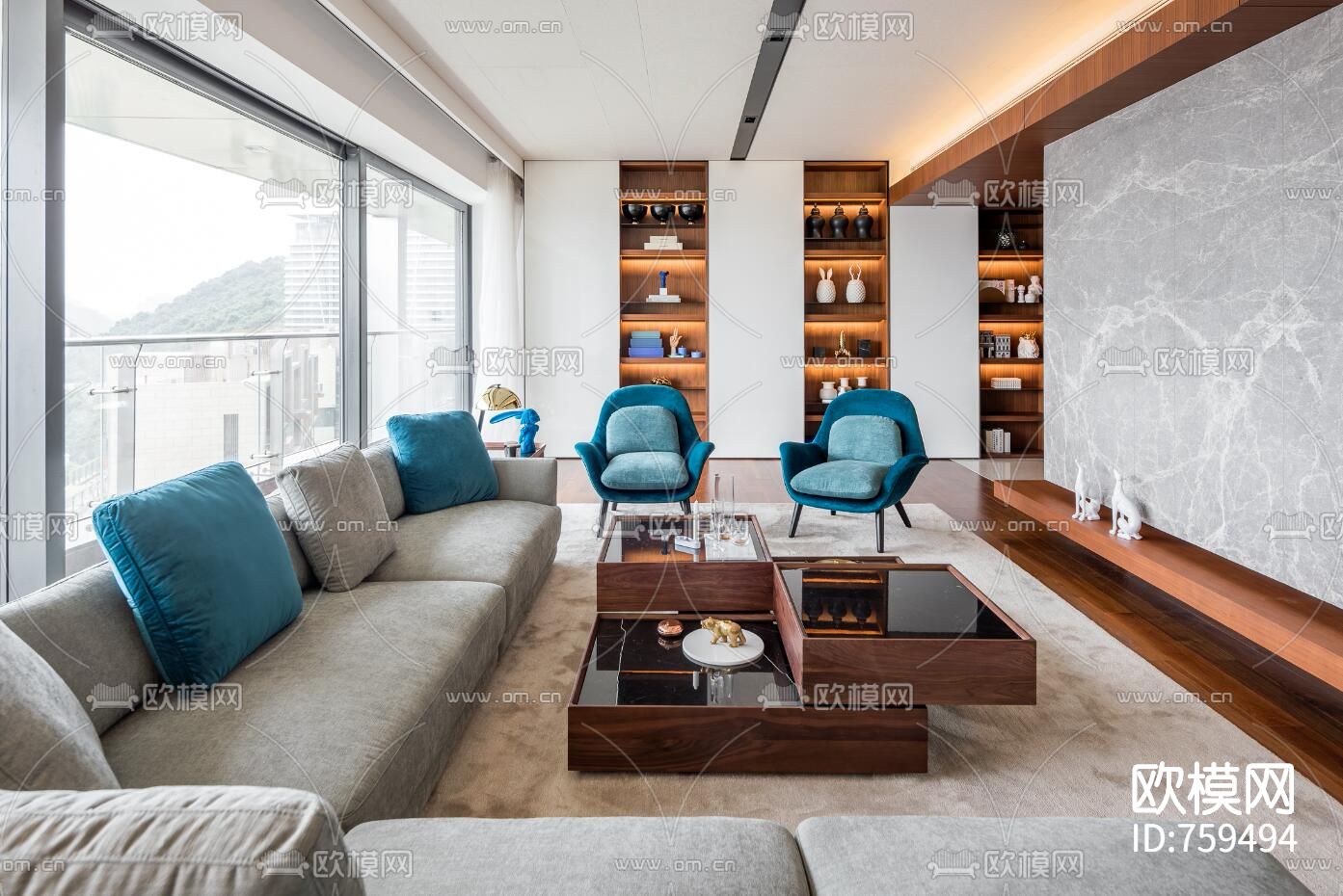 半山公馆大平层豪宅CAD施工图+效果图下载（渲染图1）