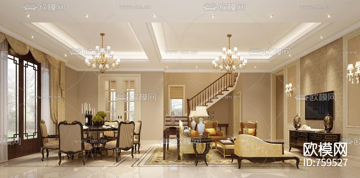 【新古典+新中式】绿城桃李春风四套样板间效果图+CAD施工图下载（渲染图4）