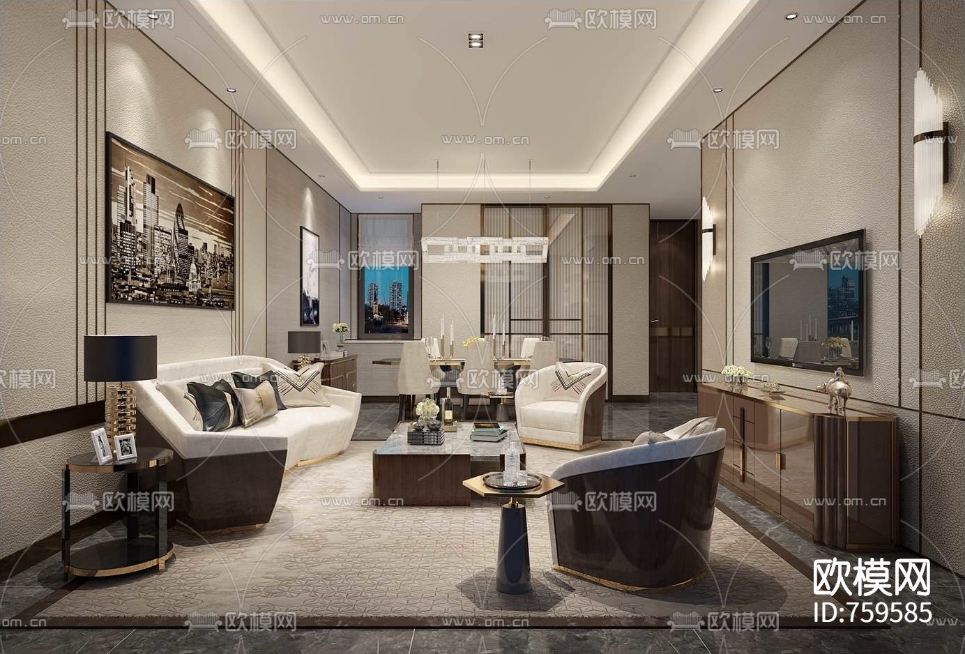 现代轻奢样板间CAD施工图+效果图下载（渲染图2）