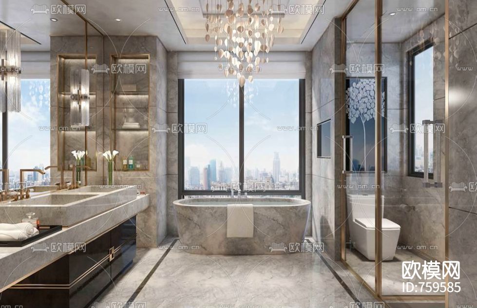 现代轻奢样板间CAD施工图+效果图下载（渲染图8）