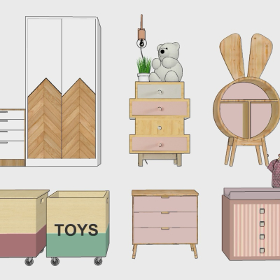  北欧实木儿童柜su模型 