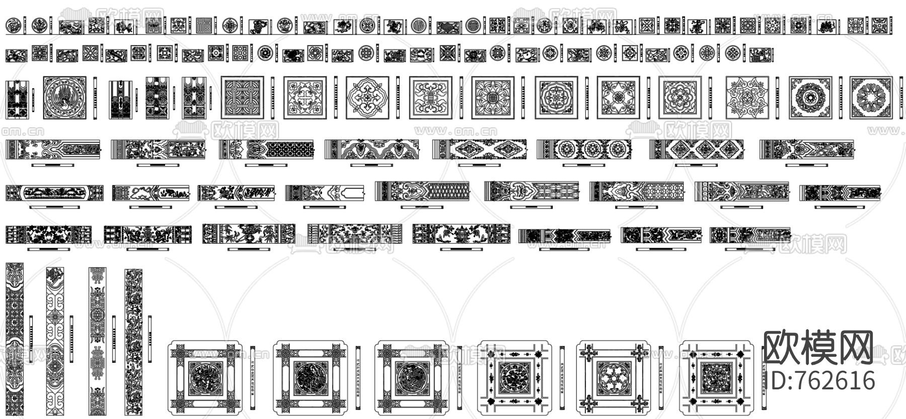 中式花纹图案镂空雕花CAD立面图库下载（渲染图3）