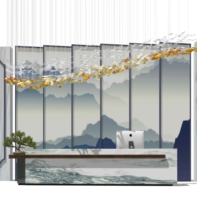  新中式办公前台su模型 