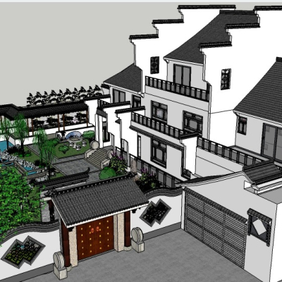  中式别墅庭院su模型 