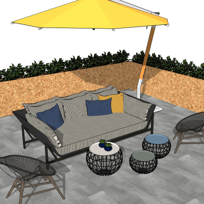 现代户外休闲沙发遮阳伞su模型 