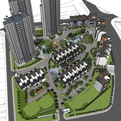  新中式小区规划su模型 