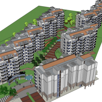  现代住宅小区鸟瞰su模型 