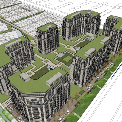  现代住宅小区鸟瞰su模型 