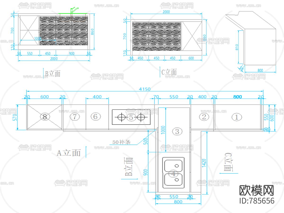 厨房岛台CAD解析大样图下载（渲染图4）